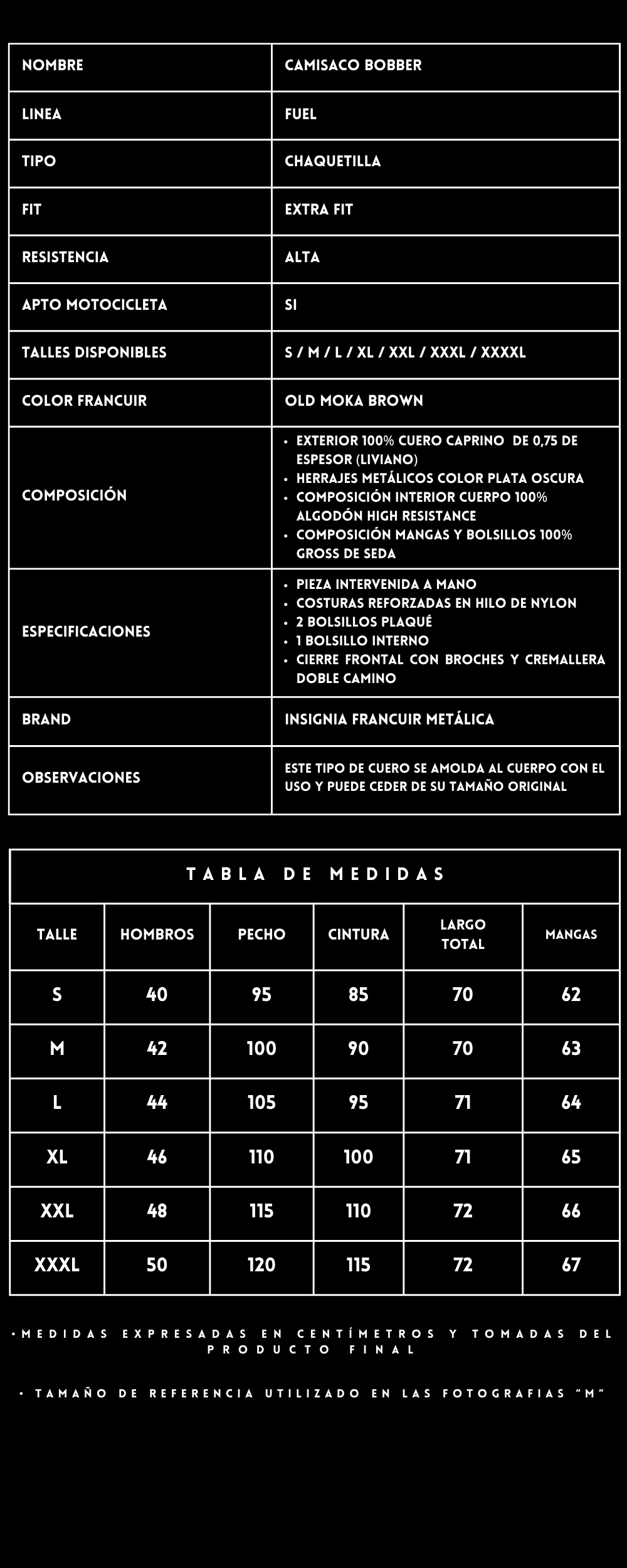 Tabla de Talles y Especificaciones Camisaco Bobber Old Moka Brown | FRANCUIR